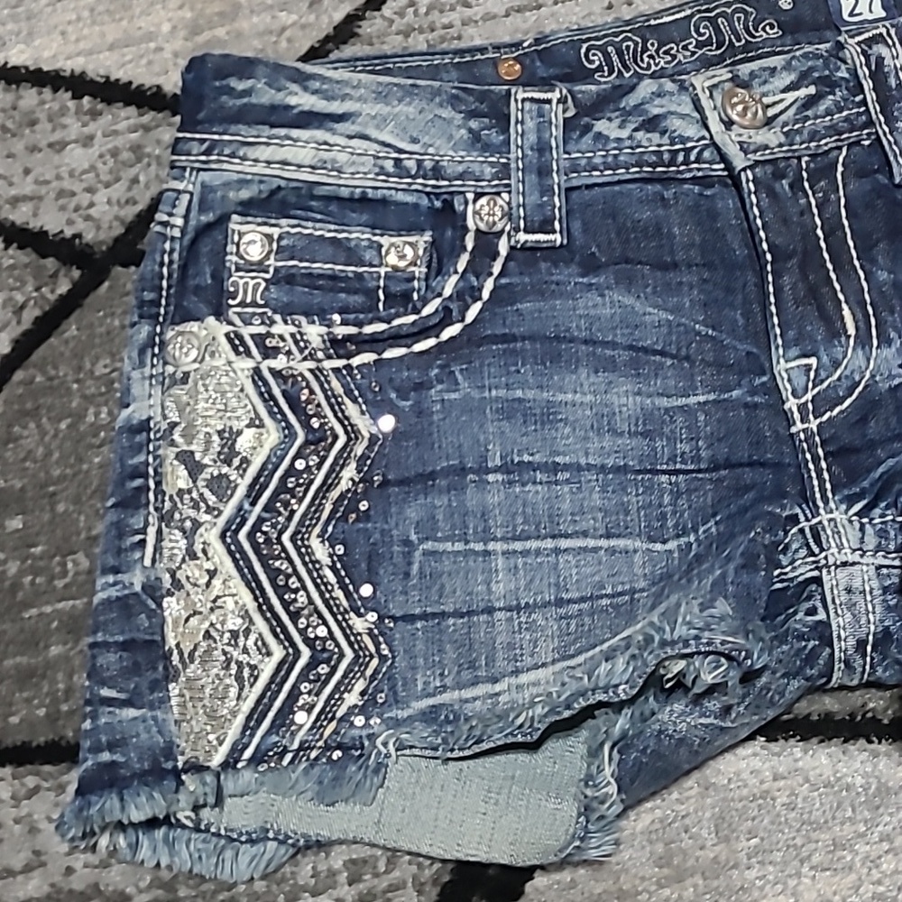 MISS ME SIGNATURE RHINESTONES SEQUINS LACE EMBROIDERED DENIM JEAN SHORTS - Picture 9 of 14